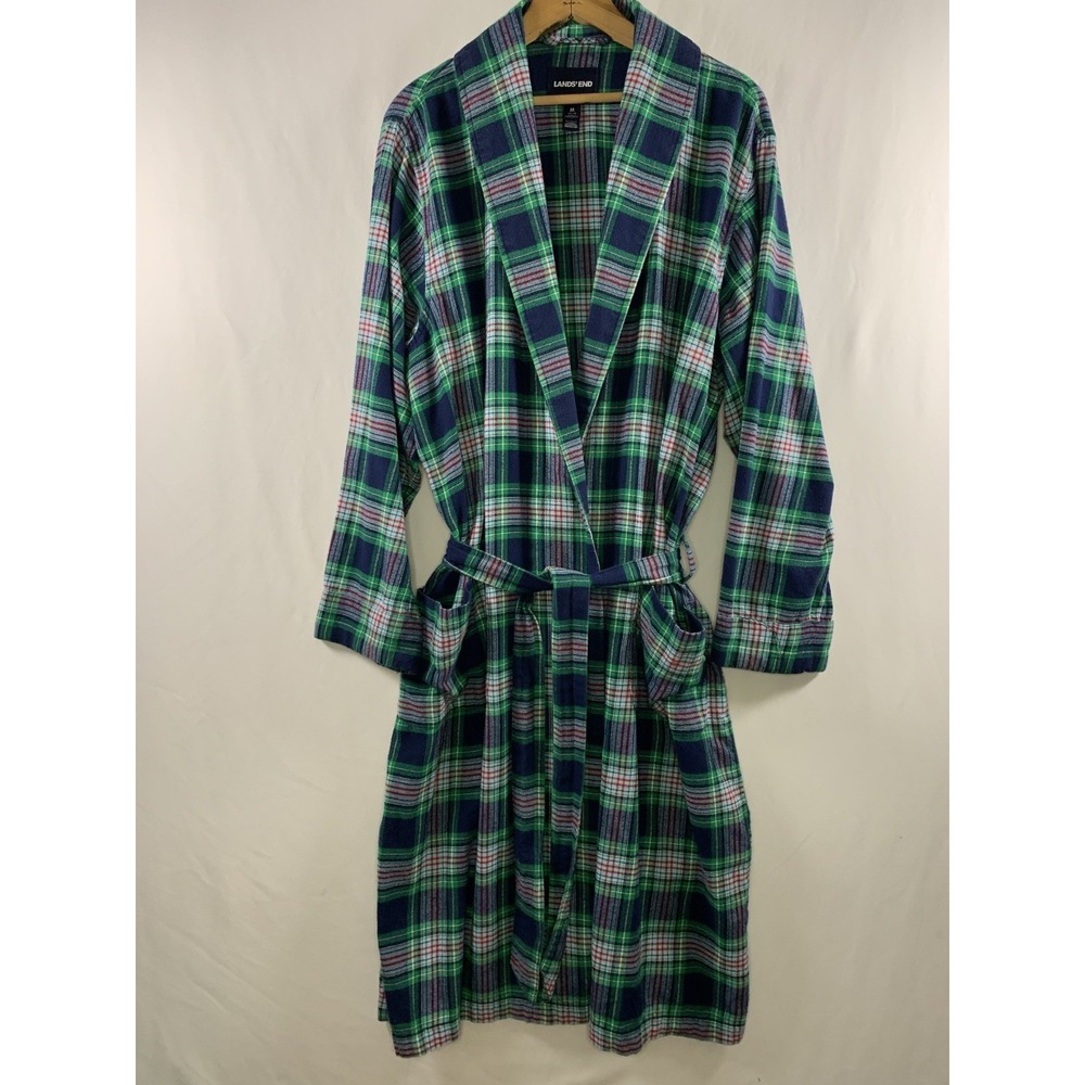 Lands End Mens Plaid Cotton Flannel Bathrobe Size M Shawl Belted Lightweight